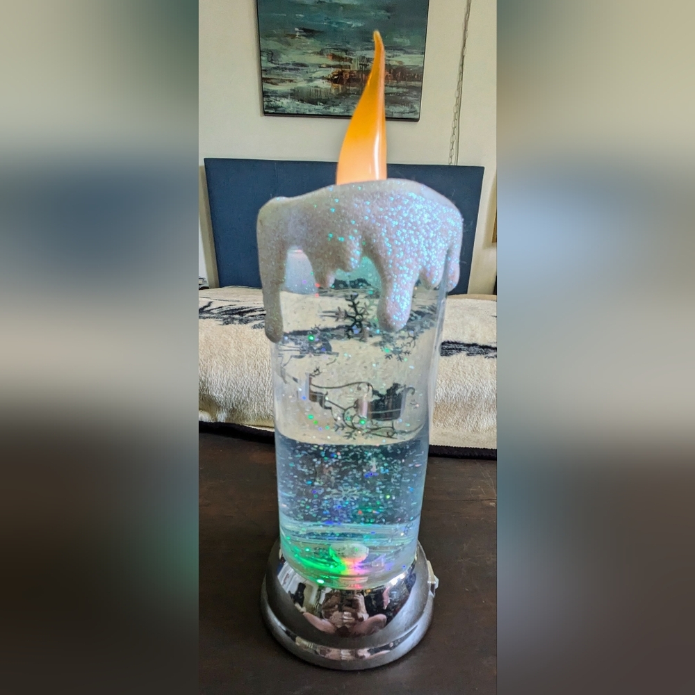 Christmas Santa Sleigh Water Spinning Color Changing Snowing  Candle Glows VIDEO